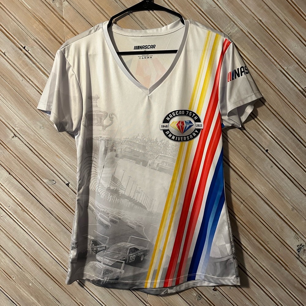 NASCAR 75th Anniversary V-Neck Tee Red, Yellow & Blue Stripes Racing